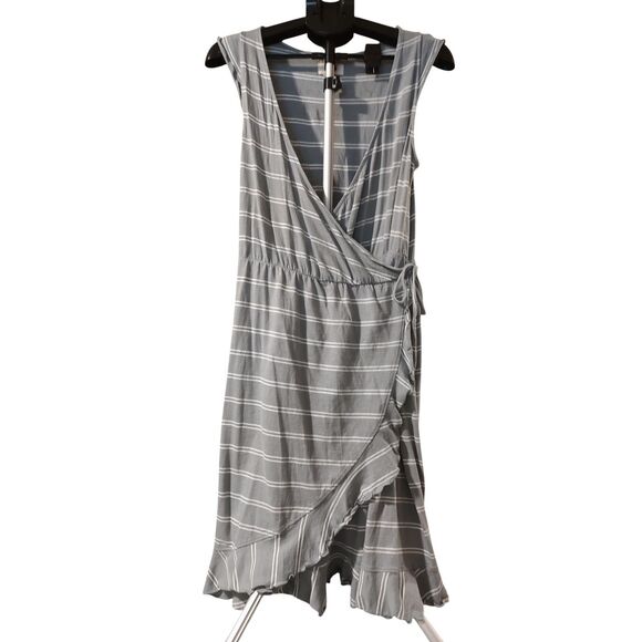 Pact Dresses & Skirts - Pact Grey White Stripe Wrap Midi Dress Sz L V-neck Organic Cotton Sustainable